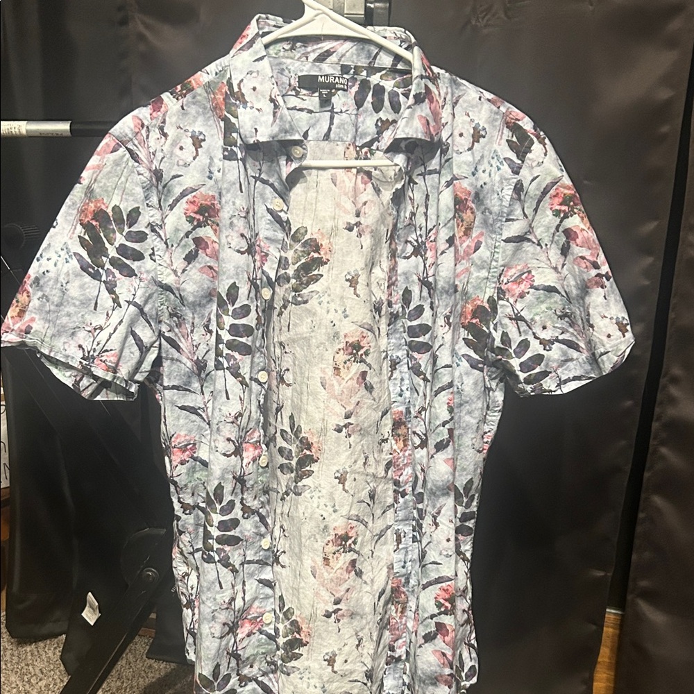 Murano Men's Floral Button Down Shirt - Blue White and Pink